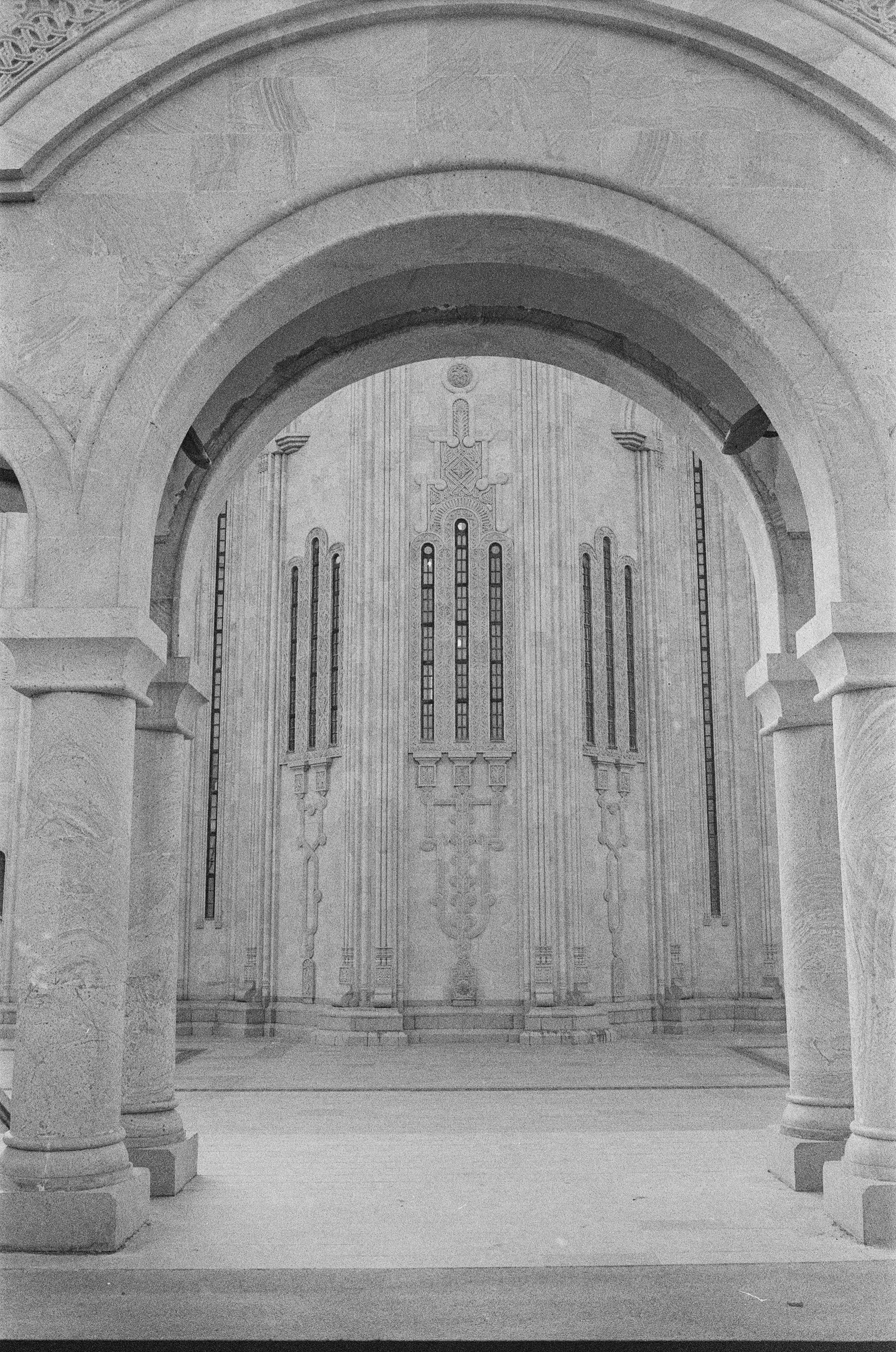 Film photograph from Georgia, titled "bw church arch".